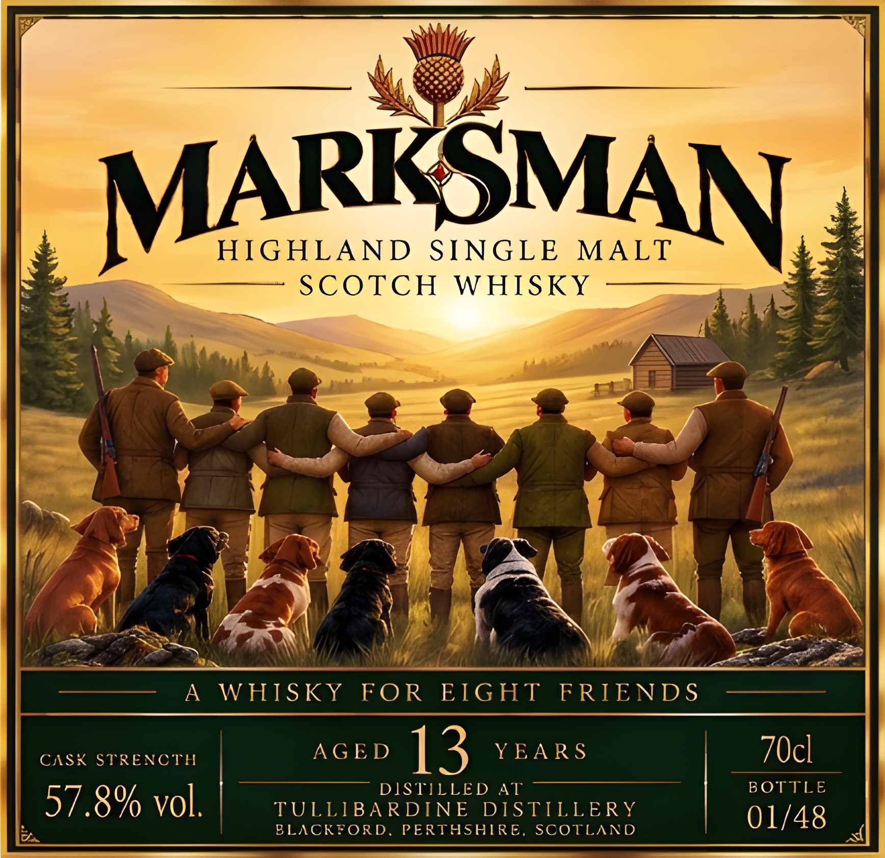 Marksman Whisky Front Label - 8 Friends with Dogs at Sunset