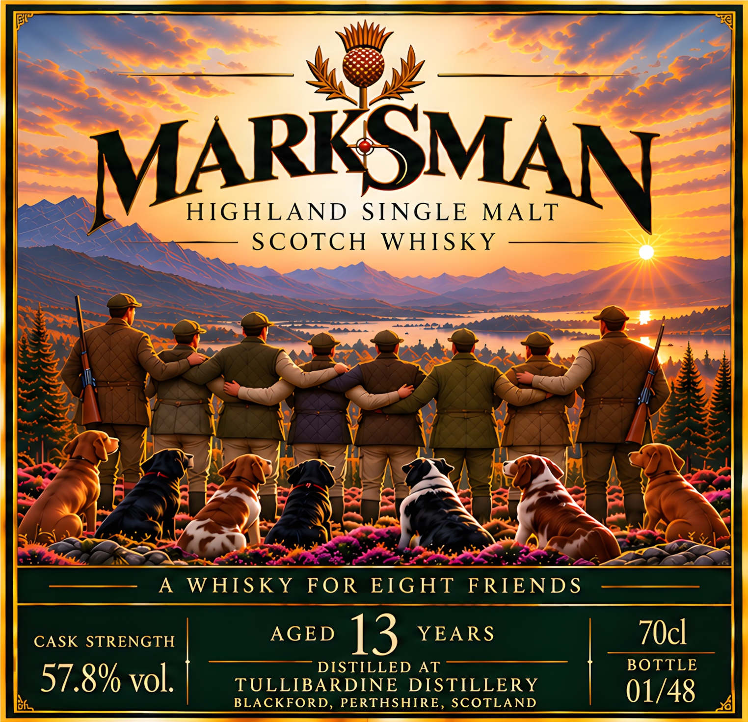 Marksman Whisky Front Label - 8 Friends with Dogs at Sunset